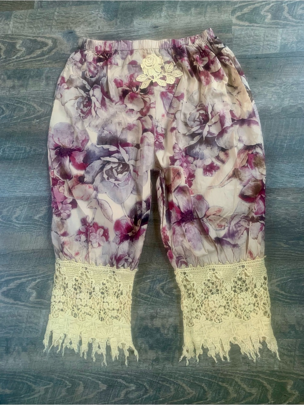 Jaded Gypsy Floral Lace Trim Capri Pants in Purple, Burgundy  and Cream